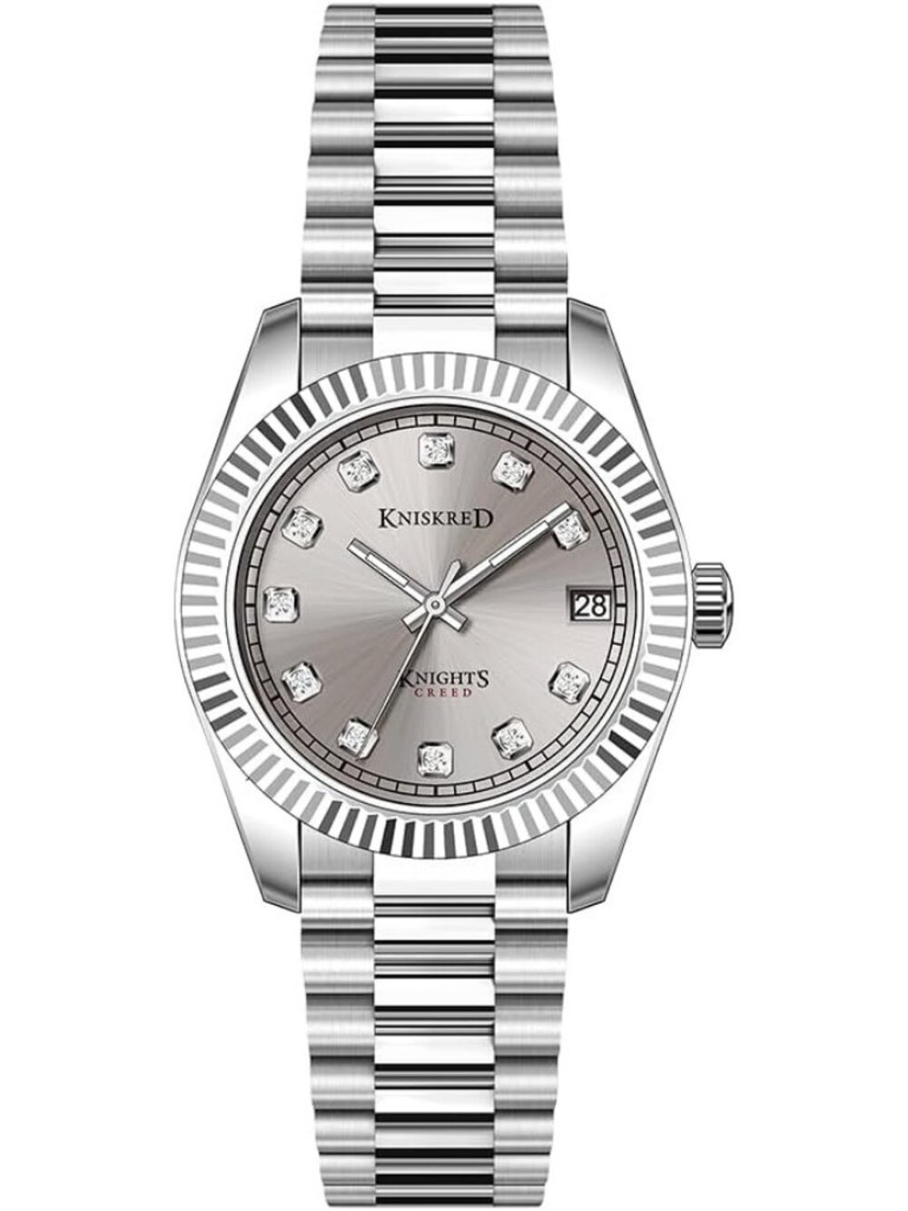 Women's Silver Grey Crystal Accented Dial Solid Stainless Steel Band Wrist Watch